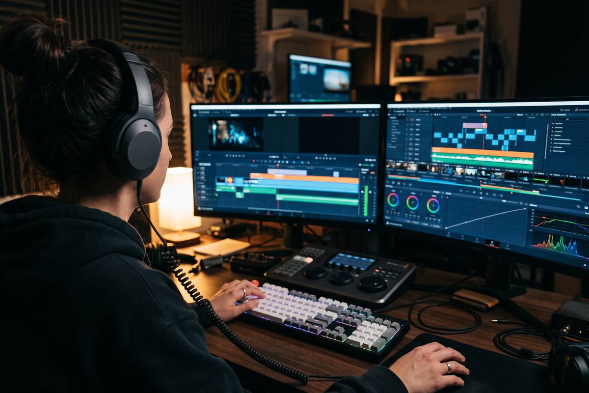 Editor working at a keyboard with headphones