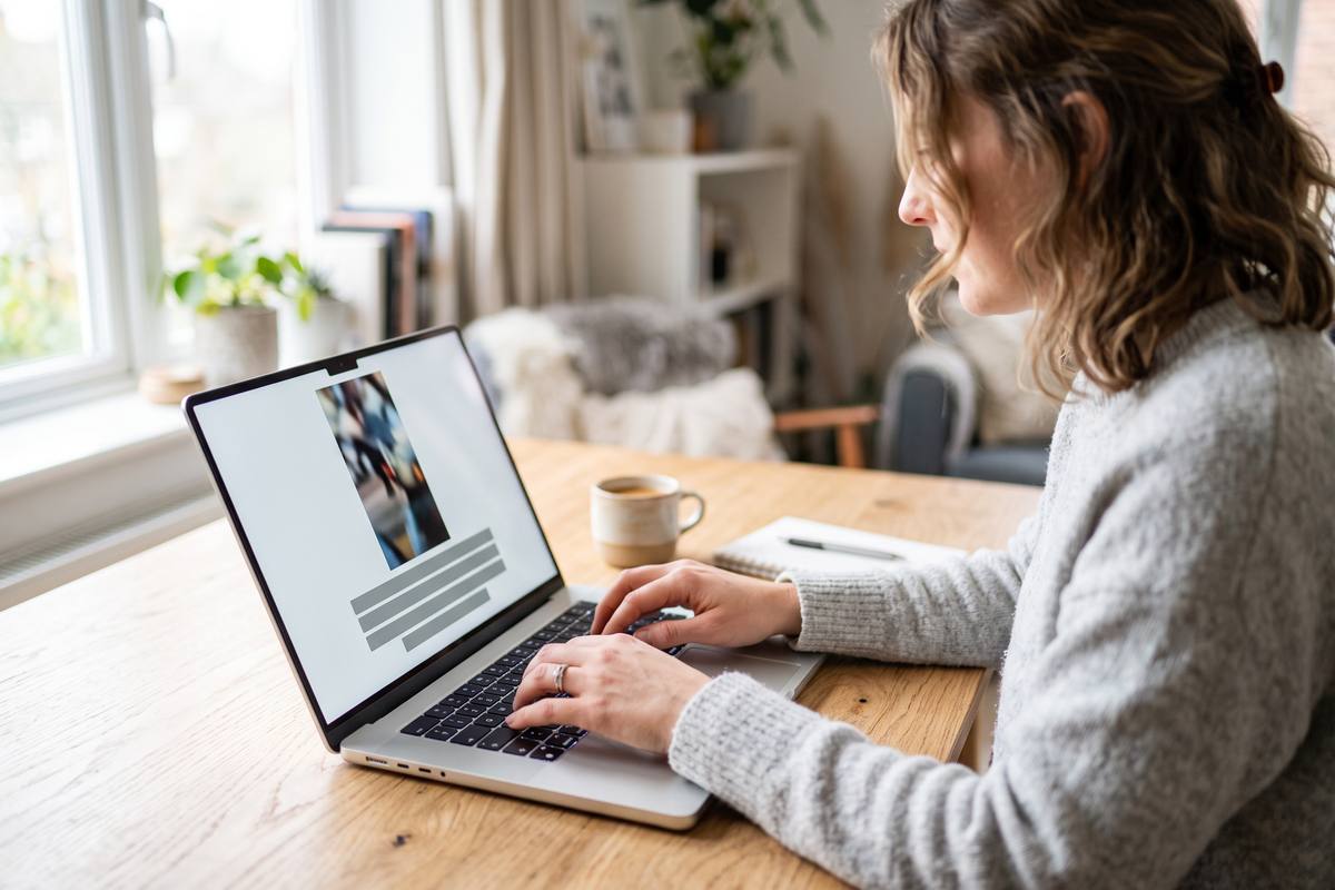 Laptop showing a vertical video frame with caption bars