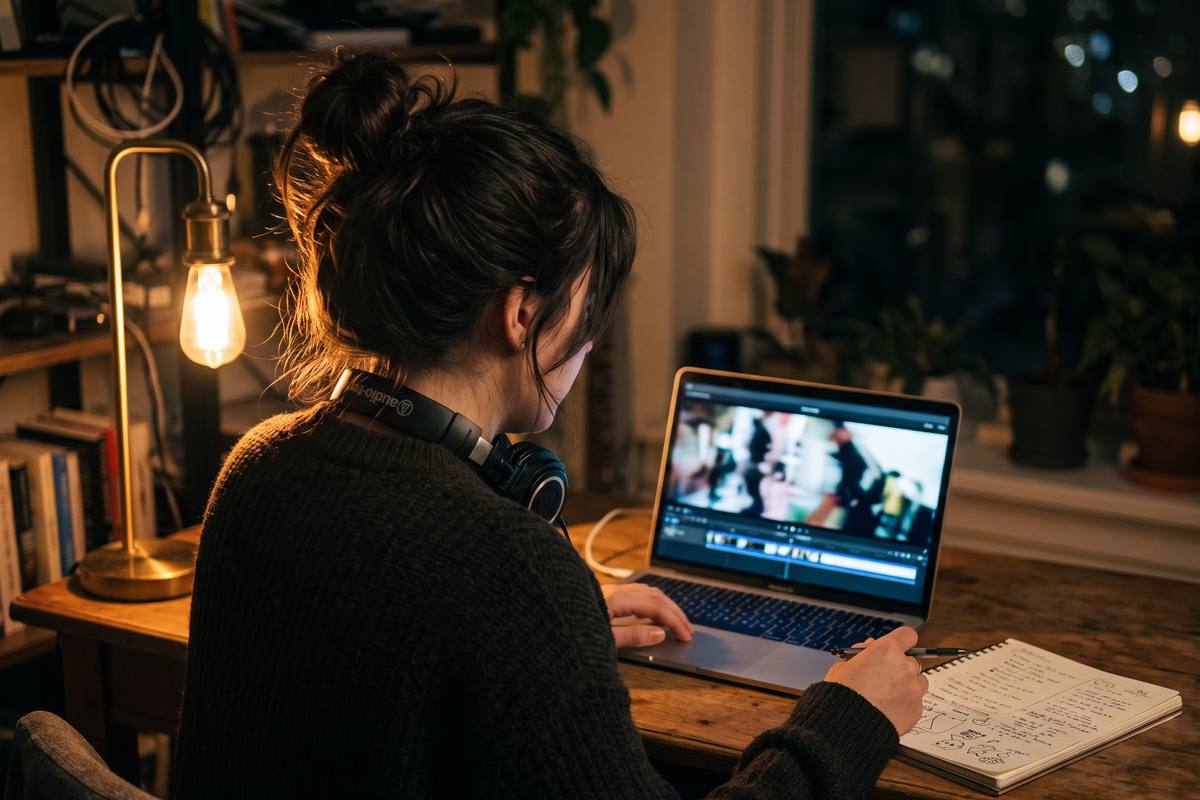 Editor reviewing footage on a laptop in a dim room