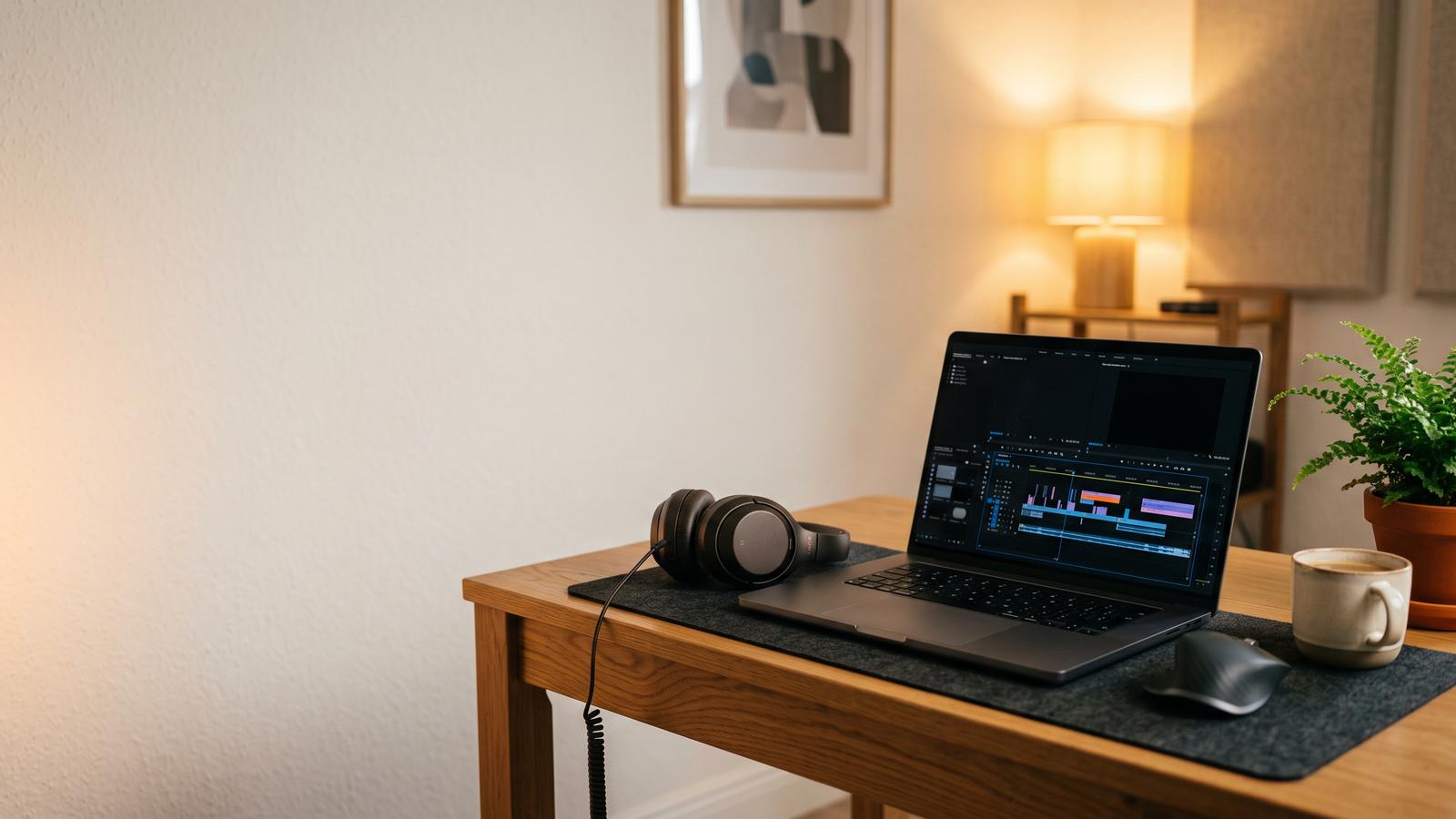Editing desk with a laptop showing a video timeline and headphones
