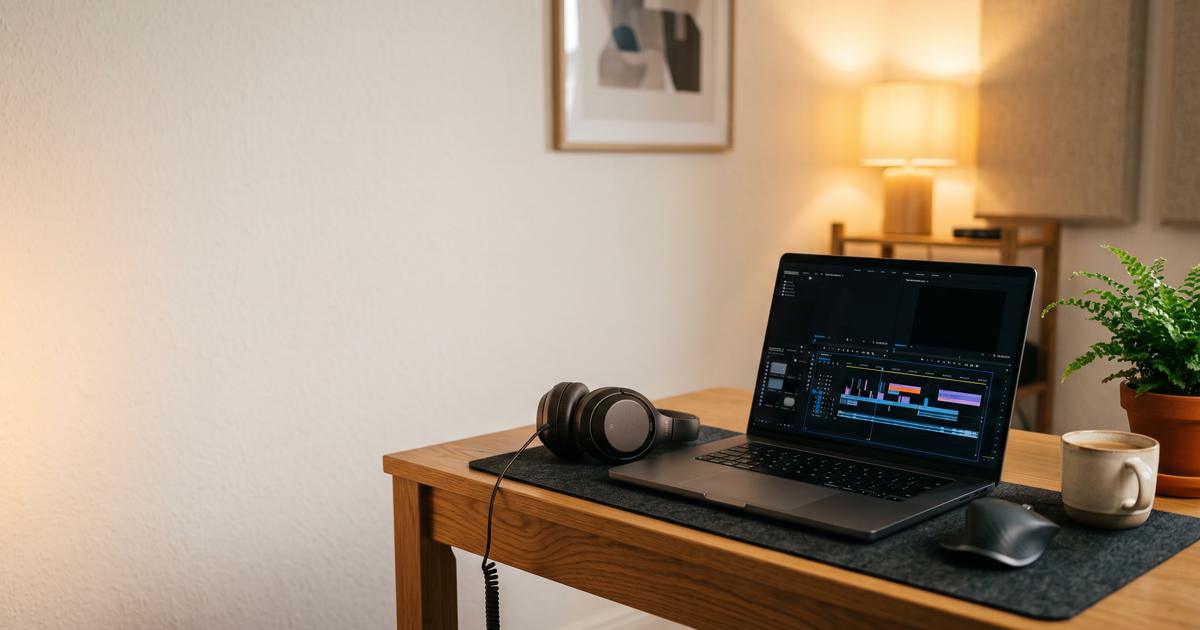 Editing timeline on a monitor with colour clips and a moving playhead